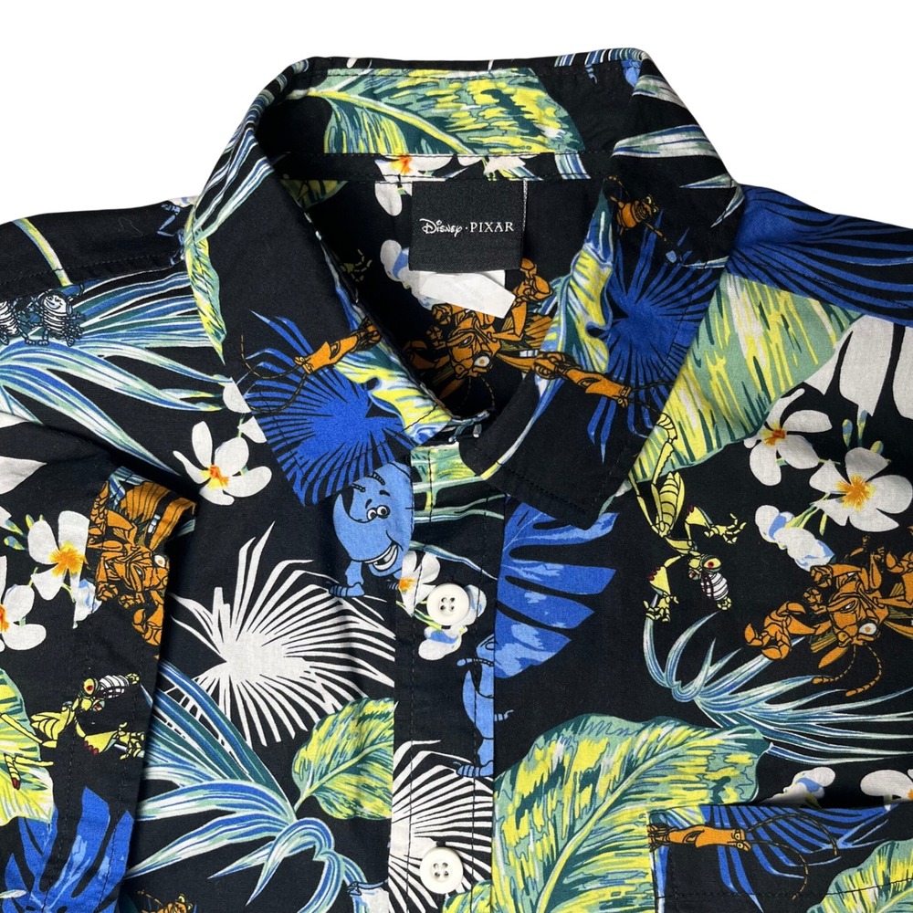 Disney Pixar A Bug's Life Button Down Shirt Mens XS Black Tropical Aloha Print